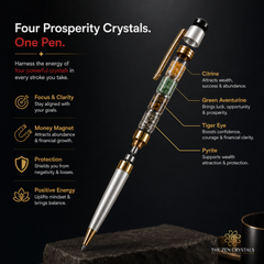 A money magnet ballpoint pen with transparent crystal segments inside, shown on a dark background with marketing text and callouts naming four prosperity crystals: citrine, green aventurine, tiger eye, and pyrite. The brand name The Zen Crystals appears at the bottom right.