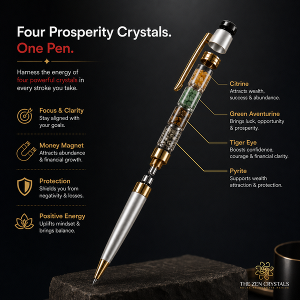 A money magnet ballpoint pen with transparent crystal segments inside, shown on a dark background with marketing text and callouts naming four prosperity crystals: citrine, green aventurine, tiger eye, and pyrite. The brand name The Zen Crystals appears at the bottom right.