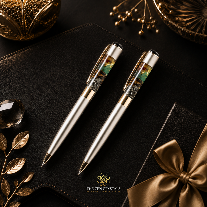 Two money magnet ballpoint pens with clear inlay sections showing a landscape design, presented on a black leather surface with decorative gold-toned props and a gift box with a satin bow. The Zen Crystals logo is visible at the bottom.