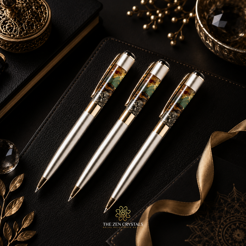 Three luxury money magnet ballpoint pens with metallic gold bodies and green-and-brown patterned resin accents in the clip areas, arranged on a black textured notebook. Gold decorative props, a ribbon, and a crystal are visible around them.
