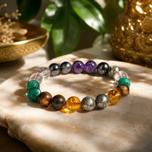 money magnet bracelet on a marble surface with decorative items in the background