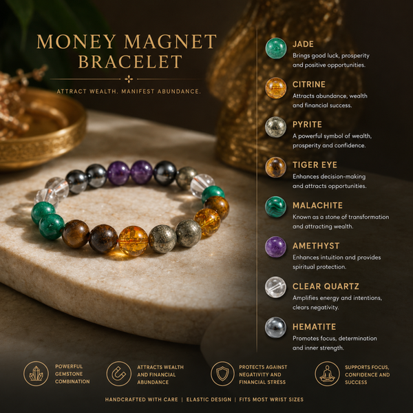 Money Magnet bracelet with gemstone beads on a stone surface, accompanied by information about each gemstone's properties.