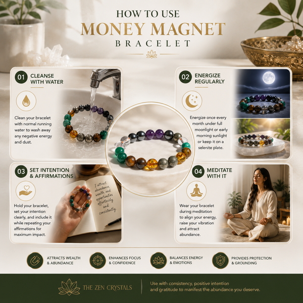 Instructions on how to use a money magnet bracelet with images and text.