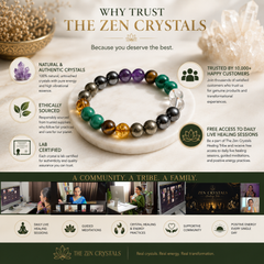 Advertisement for The Zen Crystals featuring a money magnet bracelet and promotional text about crystal authenticity and community.