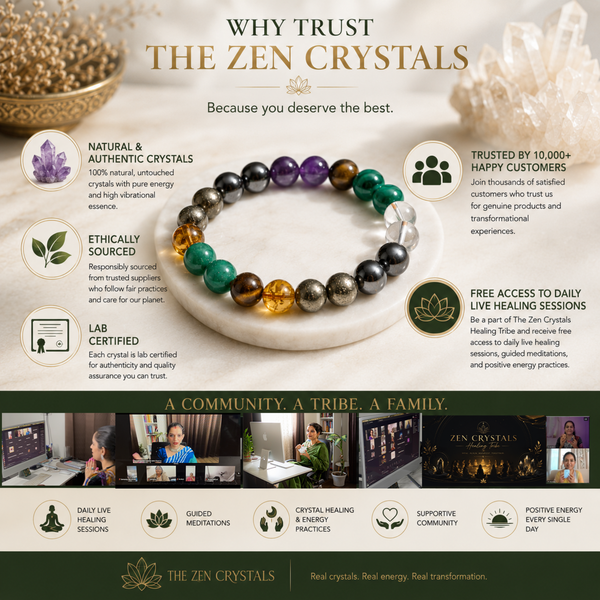 Advertisement for The Zen Crystals featuring a money magnet bracelet and promotional text about crystal authenticity and community.