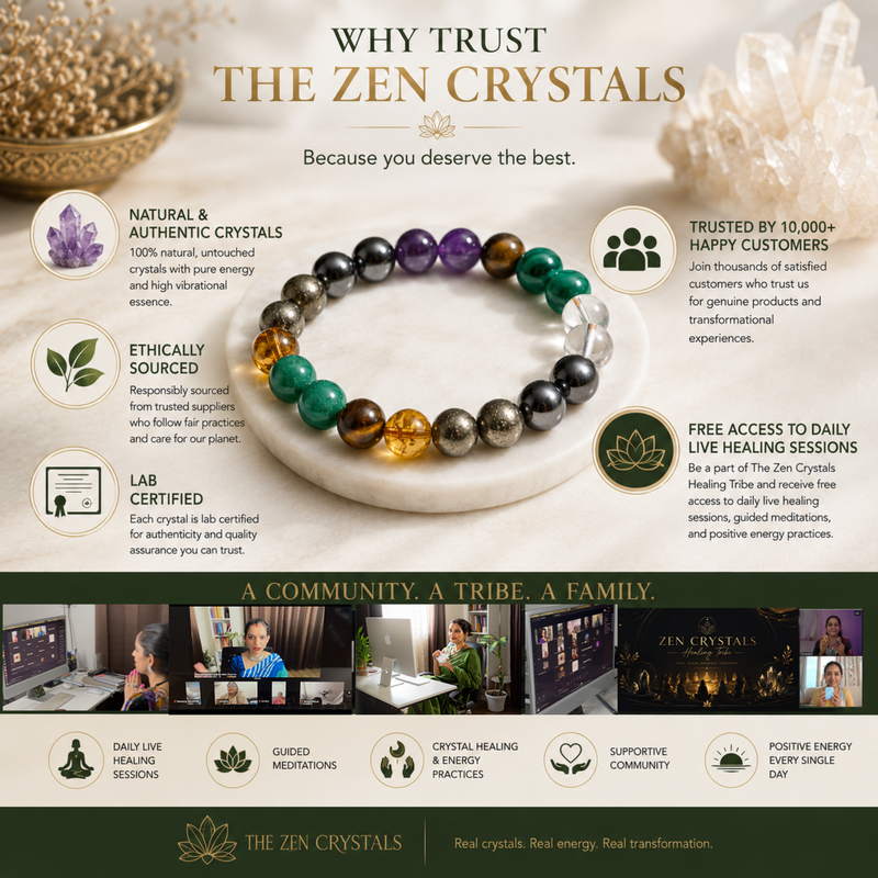 Advertisement for The Zen Crystals featuring a money magnet bracelet and promotional text about crystal authenticity and community.