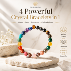 A multicolor chakra crystal bracelet displayed on a stone slab with decorative stones and text overlays reading '4 Powerful Crystal Bracelets in 1' by The Zen Crystals.