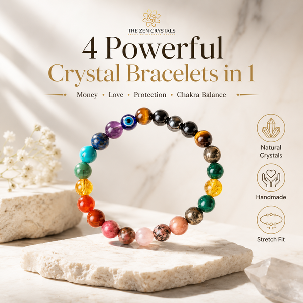 A multicolor chakra crystal bracelet displayed on a stone slab with decorative stones and text overlays reading '4 Powerful Crystal Bracelets in 1' by The Zen Crystals.
