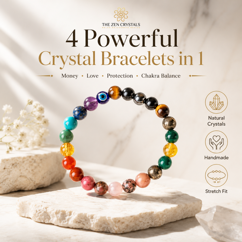 A multicolor chakra crystal bracelet displayed on a stone slab with decorative stones and text overlays reading '4 Powerful Crystal Bracelets in 1' by The Zen Crystals.