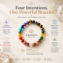 A circular chakra bracelet made of multicolored polished gemstones is centered on a cream background with text reading 'Four Intentions. One Powerful Bracelet.