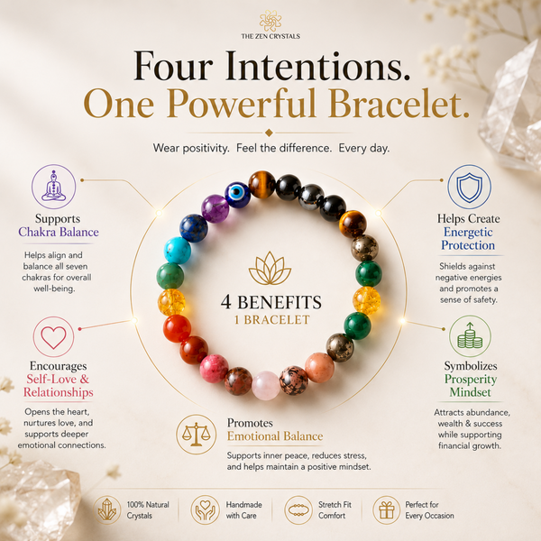 A circular chakra bracelet made of multicolored polished gemstones is centered on a cream background with text reading 'Four Intentions. One Powerful Bracelet.