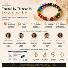 A promotional banner for 'The Zen Crystals' featuring a multicolor beaded crystal bracelet on a beige background, alongside text highlighting product features, customer testimonials with photos, and certification details.