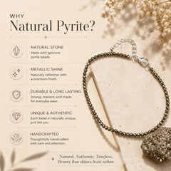 Natural pyrite anket on a beige background with text highlighting features.