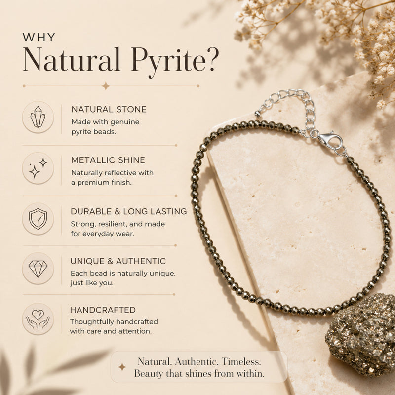 Natural pyrite anket on a beige background with text highlighting features.