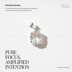 Clear Quartz Pendant on a white background with Zen Crystals branding.