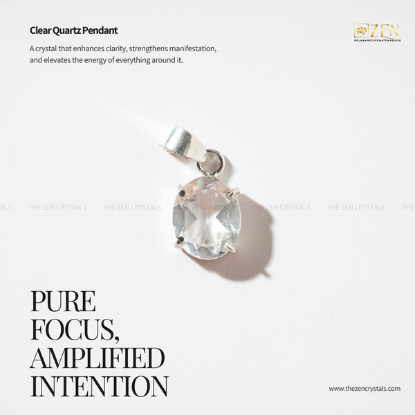 Clear Quartz Pendant on a white background with Zen Crystals branding.
