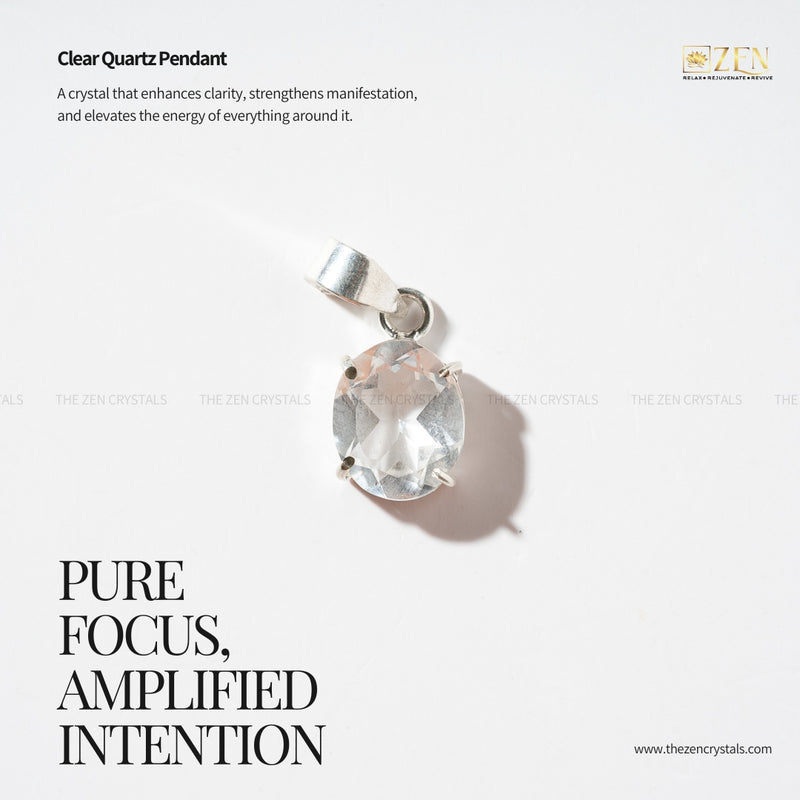 Clear Quartz Pendant on a white background with Zen Crystals branding.
