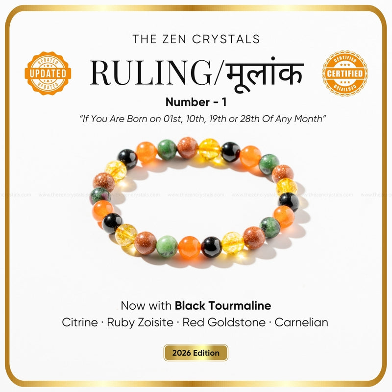 ruling number 1 bracelet with text about gemstones and a certification logo on a white background.