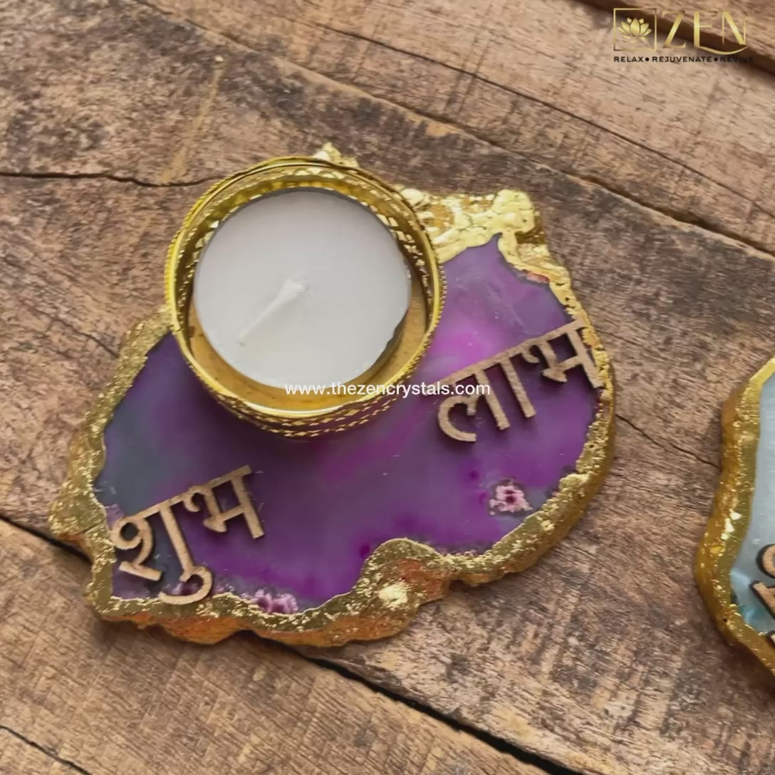 Agate Tea Light Holder with Gold Plating | Shubh Labh | the zen crystals