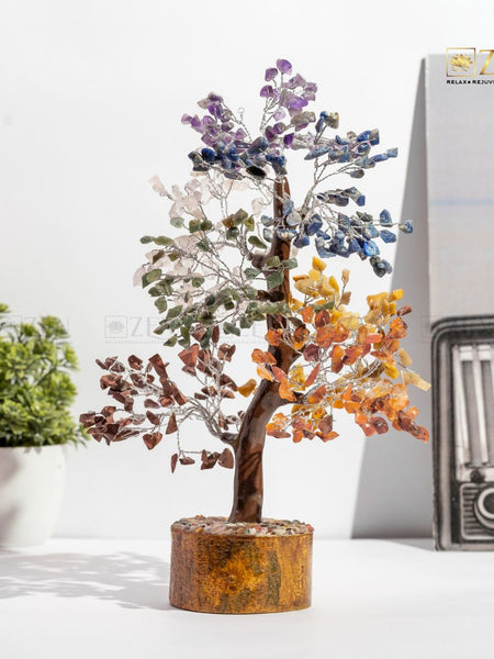 7 Chakra Good Luck Crystal Tree - 500 Chips | Wood Base | For Overall Well Being | The Zen Crystals