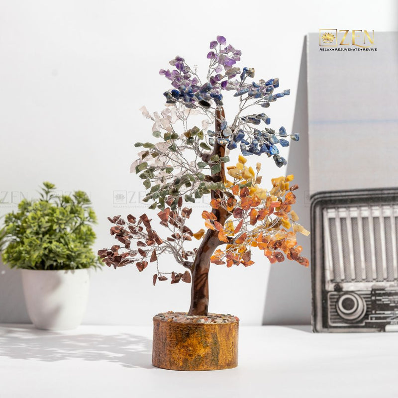 7 Chakra Good Luck Crystal Tree - 500 Chips | Wood Base | For Overall Well Being | The Zen Crystals