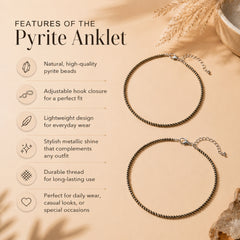 Pyrite anklet with features listed on a beige background