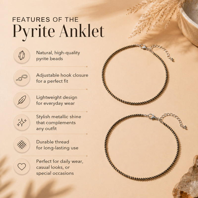 Pyrite anklet with features listed on a beige background