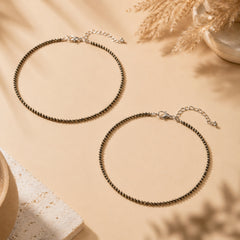 Two pyrite anklets on a beige surface with dried plants and a stone.