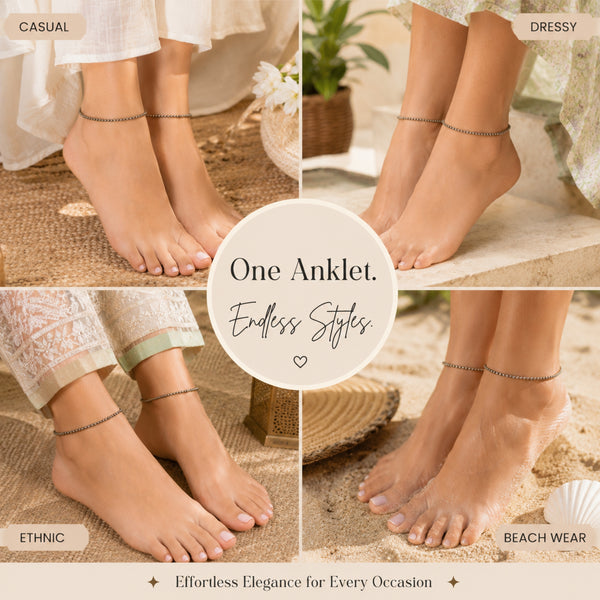 Pyrite Anklets worn in various settings with text highlighting versatility.
