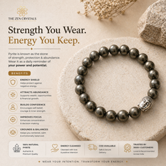 Pyrite bracelet with Zen Crystals branding and product information on a neutral background