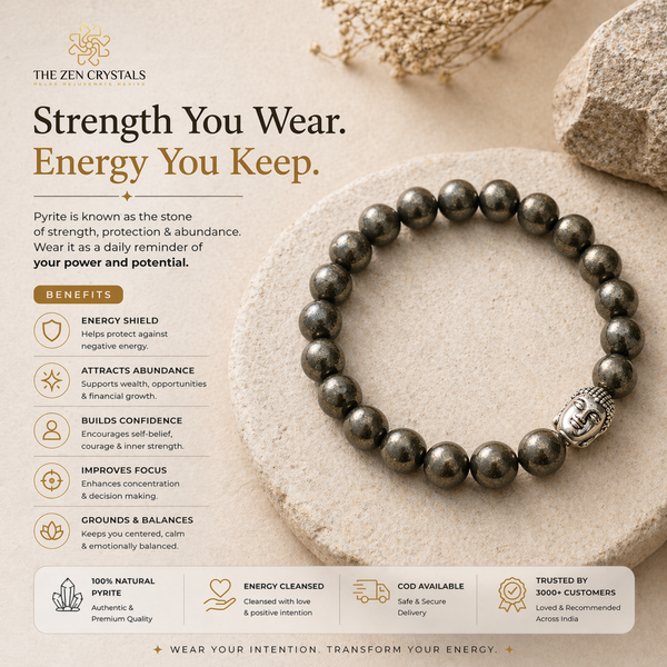Pyrite bracelet with Zen Crystals branding and product information on a neutral background