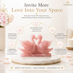 A promotional graphic for a pink rose quartz swan pair figurine on a marble pedestal, surrounded by romantic text callouts and decorative flowers. The text reads 'Invite More Love Into Your Space' and includes icons and phrases about trust, emotional healing, communication, and relationship harmony.