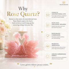 An informational marketing graphic for a pink rose quartz heart-shaped candle from The Zen Crystals. The image features a pink rose quartz swan pair on a white surface, with text on the left explaining the benefits of rose quartz, and a list of five benefits on the right against a soft beige background.