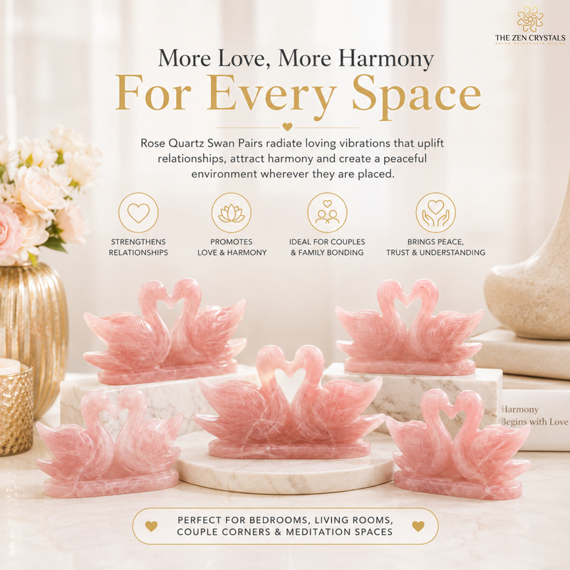 Six pink rose quartz swan crystal pairs arranged on white marble blocks in a beautifully styled bedroom or living room setting, with decorative flowers and a lamp in the background. Text overlays describe the spiritual benefits of these crystal pairs, and the brand logo 'The Zen Crystals' is visible in the top right corner.