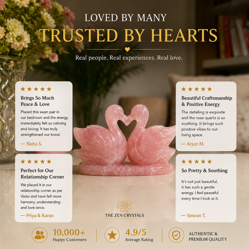 A pink crystal swan figurine with a heart-shaped crown on a dark brown promotional background with customer testimonials, ratings, and branding for The Zen Crystals.
