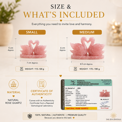 An informational graphic for a pink rose quartz swan figurine, showing size and what's included. It features a 'Small' and 'Medium' size comparison with dimensions and weights, along with a certificate of authenticity and details on natural rose quartz material.
