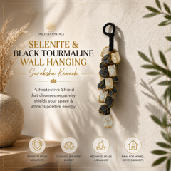 A wall-hanging charm made of black tourmaline and selenite crystals with gold wire accents, displayed on a textured beige wall with decorative dried grass and leaves. The image includes promotional text for 'The Zen Crystals' and icons describing its protective and energetic benefits.