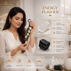 A woman in a white embroidered top holds a black-and-white beaded hanging crystal pendant against a softly lit indoor background. The image includes promotional text reading 'ENERGY PURIFIER' with inset crystal details labeled 'SELENITE' and 'BLACK TOURMALINE,' plus benefit icons along the bottom.