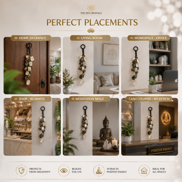 A promotional collage titled 'PERFECT PLACEMENTS' showing a hanging wall decor set in six interior settings: home entrance, living room, workspace/office, shop/business, meditation space, and cash counter/reception. The product appears as a black wall hook with a vertical string of cream, beige, and dark stone-like beads.