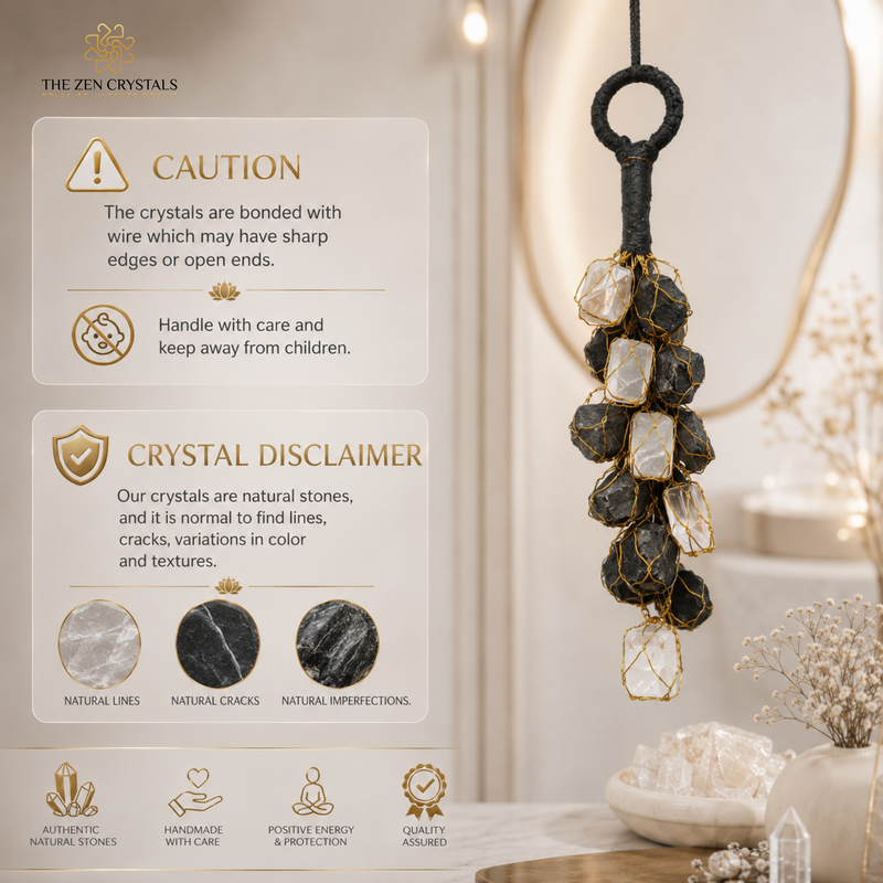A black and gold wire-wrapped crystal cluster ornament hangs on a black cord against a softly lit beige interior background. The left side contains informational panels with caution and crystal disclaimer text, and the top left shows the brand name The Zen Crystals.