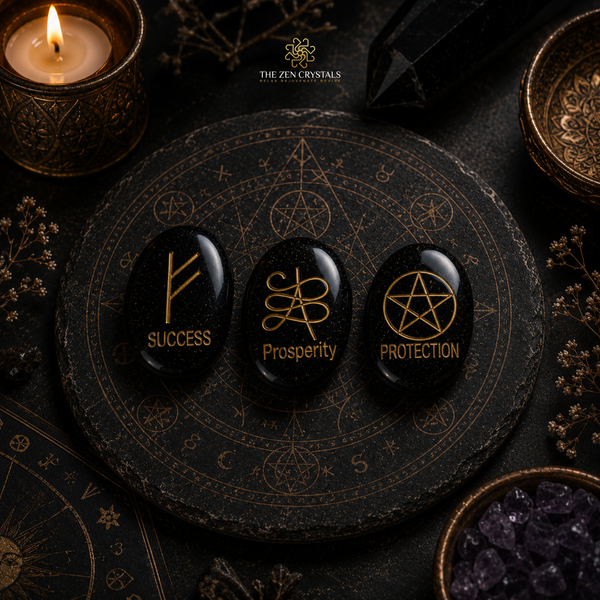 Three polished black gemstones with gold symbols and words 'SUCCESS', 'Prosperity', and 'PROTECTION' rest on a round black stone plate with occult-style engravings. The scene is styled with a lit candle in a gold holder, crystals, dried botanicals, and a branded 'THE ZEN CRYSTALS' logo at the top.