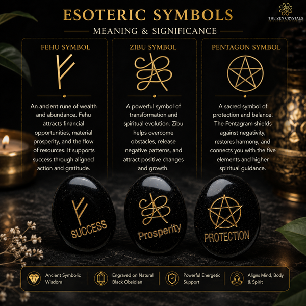 An informational graphic titled 'Esoteric Symbols: Meaning & Significance' from The Jun Crystals, showing Fehu, Zibu, and Pentagon symbols with descriptions, plus three black polished stones engraved with Success, Prosperity, and Protection.