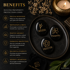 A promotional graphic for 'Success Prosperity Protection Coins' by The Zen Crystals, showing three polished black gemstones engraved with gold symbols and words ('SUCCESS', 'PROSPERITY', 'PROTECTION') on a dark tray, alongside a lit candle, dried flowers, and a list of benefits on a dark textured background.