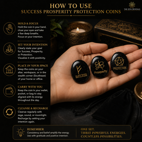 A dark promotional graphic showing a person's hands holding three polished black protection coins engraved with the words and symbols for Success, Prosperity, and Protection. The left side contains a text panel titled 'HOW TO USE SUCCESS PROSPERITY PROTECTION COINS' with icons and instructions.