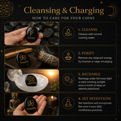 An informational graphic titled 'Cleansing & Charging: How to Care for Your Coins' showing four steps with photos of a black coin pendant engraved with words like 'SUCCESS', 'Prosperity', and 'UNITY' being handled with crystals, incense, moonlight, and a candle.
