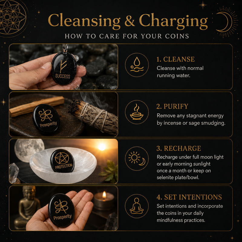 An informational graphic titled 'Cleansing & Charging: How to Care for Your Coins' showing four steps with photos of a black coin pendant engraved with words like 'SUCCESS', 'Prosperity', and 'UNITY' being handled with crystals, incense, moonlight, and a candle.