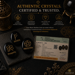 Black obsidian coin set with engraved stones labeled Success, Prosperity, and Protection, displayed alongside an authenticity certificate and branded promotional graphics for Zen Crystals.