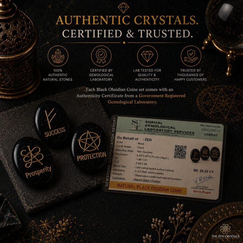 Black obsidian coin set with engraved stones labeled Success, Prosperity, and Protection, displayed alongside an authenticity certificate and branded promotional graphics for Zen Crystals.