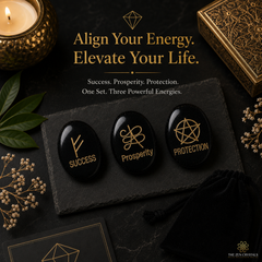 Three black oval energy stones with gold symbols and words 'SUCCESS', 'PROSPERITY', and 'PROTECTION' displayed on a dark slate tray, surrounded by a candle, dried flowers, a gold box, and a black velvet pouch. Text at the top reads 'Align Your Energy.