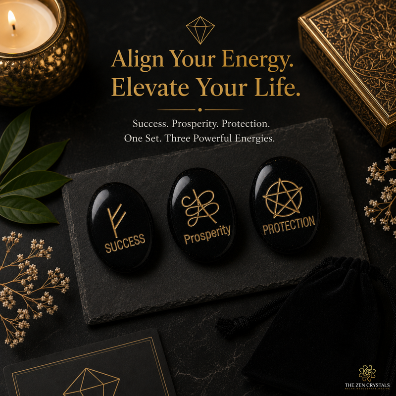 Three black oval energy stones with gold symbols and words 'SUCCESS', 'PROSPERITY', and 'PROTECTION' displayed on a dark slate tray, surrounded by a candle, dried flowers, a gold box, and a black velvet pouch. Text at the top reads 'Align Your Energy.